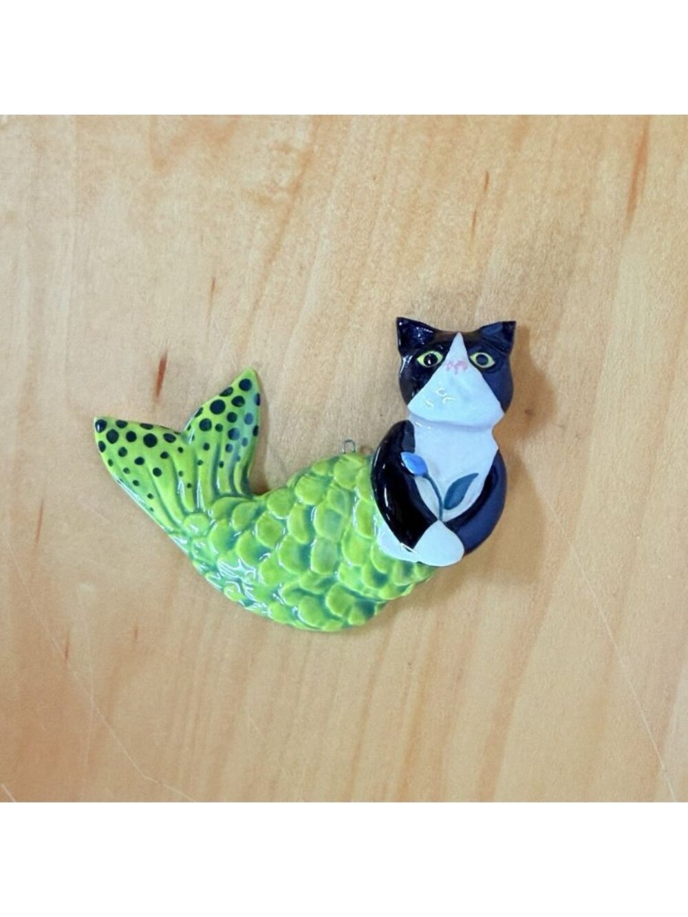 Vintage Hand Painted Mermaid Cat Ornament Whimsical Mercat Folk Art Decor 1997